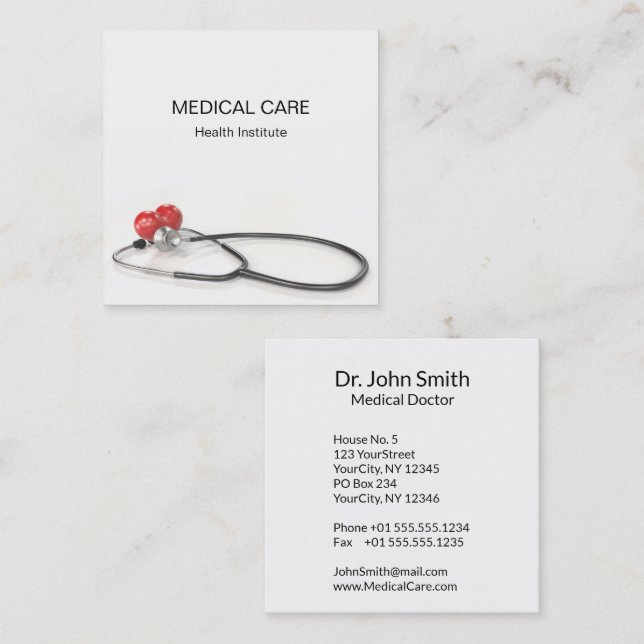 Stethoscope with Heart | Medical Care & Healthcare Square Business Card (Front/Back)
