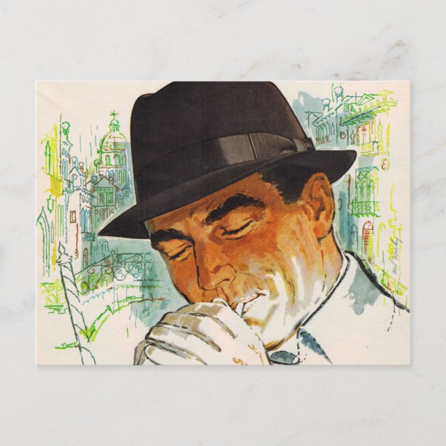Stetson hat man lighting a cigarette postcard (Front)