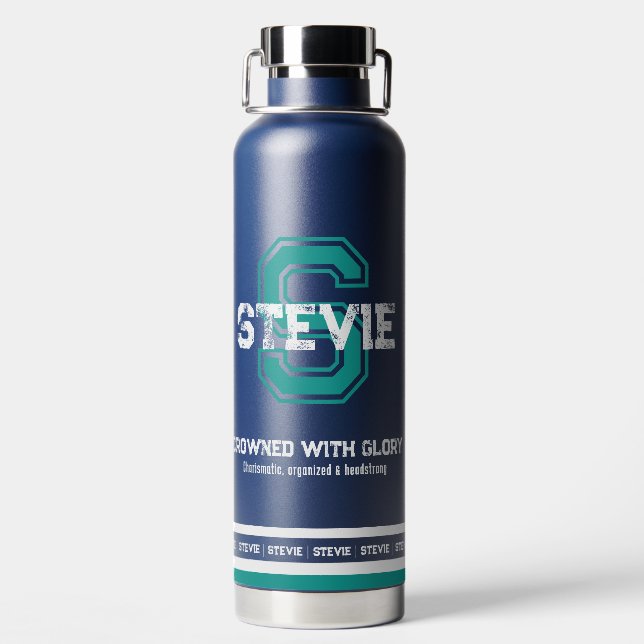 Stevie name meaning sports monogram teal water bottle (Back)
