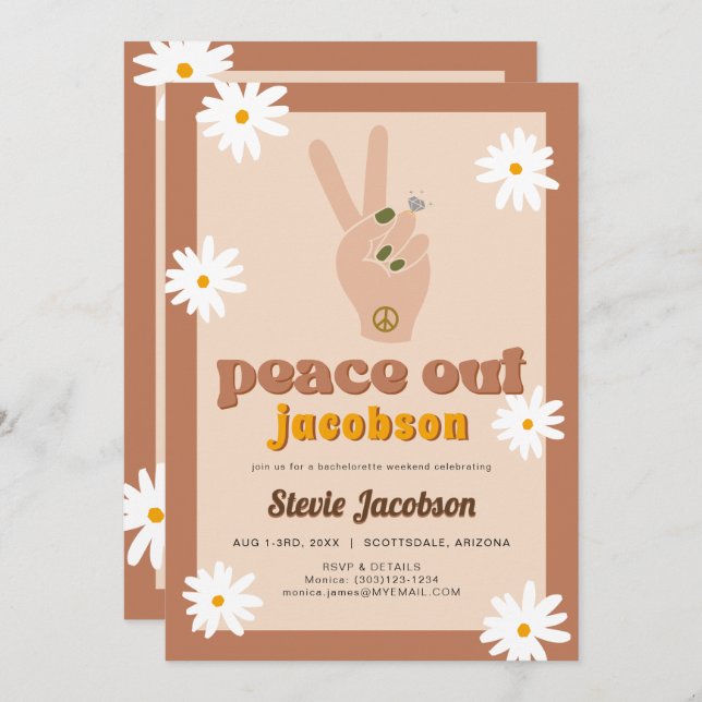 STEVIE Retro 70s Daisy Peace Out Bachelorette Invi Invitation (Front/Back)
