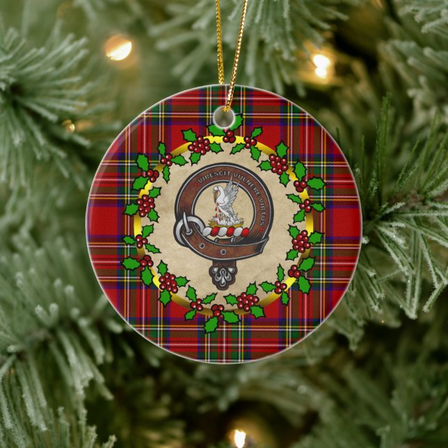 Stewart Clan Badge & Tartan Personalised Xmas Ceramic Tree Decoration (Tree)