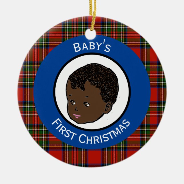 Stewart Plaid Black Baby's First Christmas Ceramic Tree Decoration (Front)