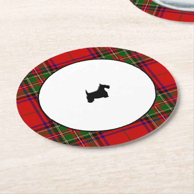 Stewart Plaid Black Scottie Round Paper Coaster (Angled)