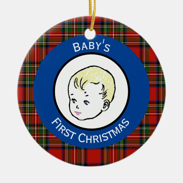 Stewart Plaid Blonde Hair Baby's First Christmas Ceramic Tree Decoration (Front)