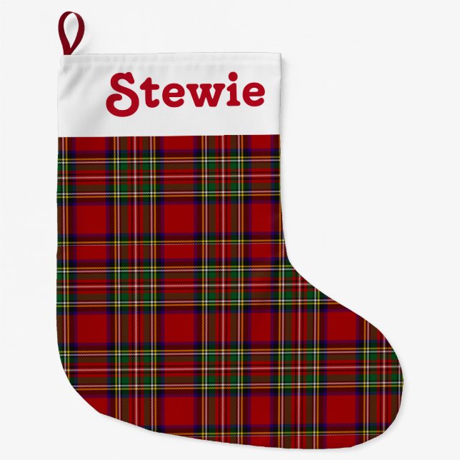 Stewart Royal Tartan Red Plaid Customise Name Large Christmas Stocking (Front)