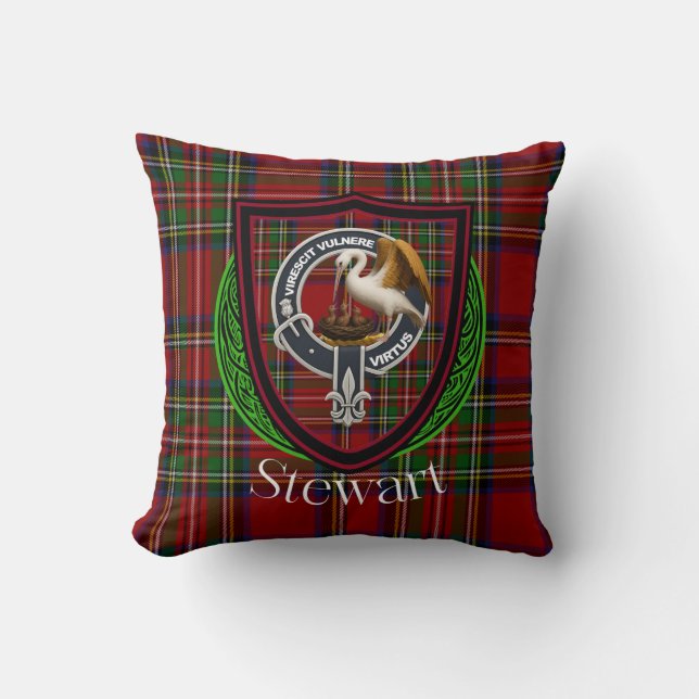 Stewart Scottish Clan Tartan & Crest Cushion (Front)