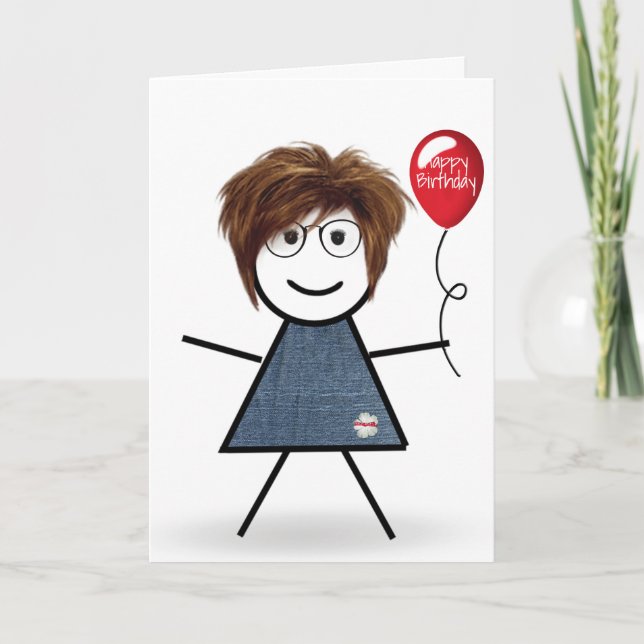 Stick Birthday Girl with Balloon  Card (Front)