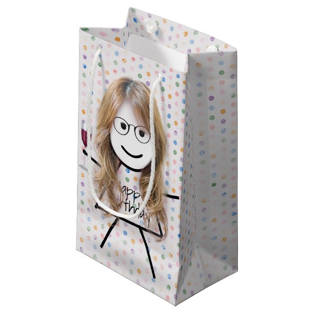 Stick Birthday Girl with Wine Glass  Small Gift Bag (Front Angled)