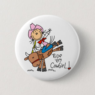 Stick Cowgirl Riding Bull Button