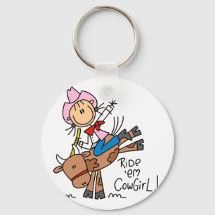 Stick Cowgirl Riding Bull Tshirts and Gifts Key Ring