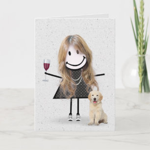Stick Figure Birthday Girl with Golden Retriever Card
