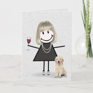 Stick Figure Birthday Girl with Golden Retriever Card