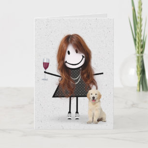 Stick Figure Birthday Girl with Golden Retriever Card