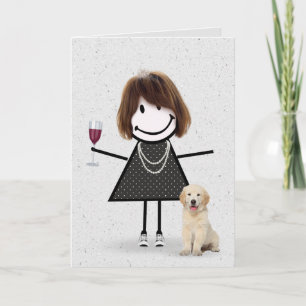 Stick Figure Birthday Girl with Golden Retriever Card