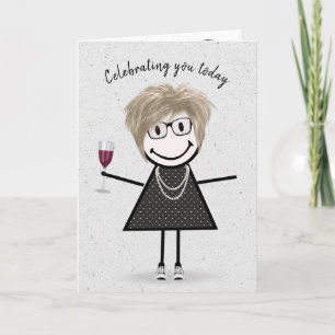 Stick Figure Birthday Girl with Red Wine Card