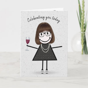 Stick Figure Birthday Girl with Red Wine Card