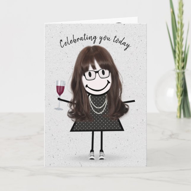 Stick Figure Birthday Girl with Red Wine Card (Front)