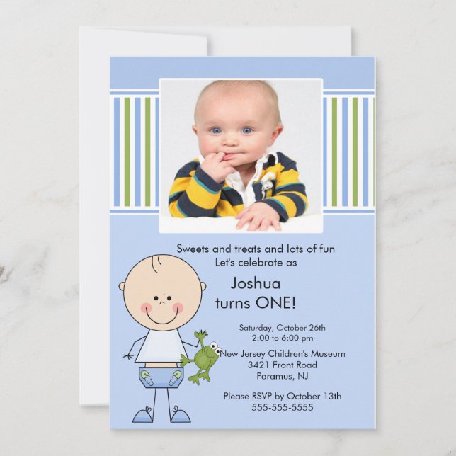 Stick figure Boy 1st Photo Birthday Invitation (Front)