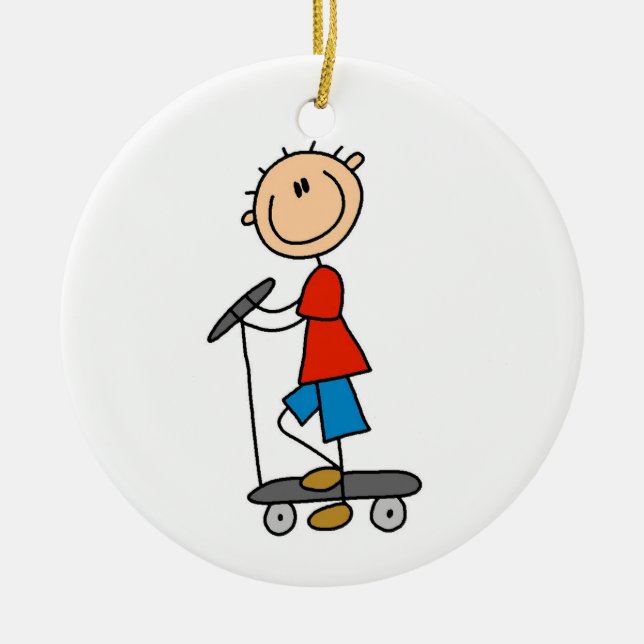 Stick Figure Boy on Scooter Ceramic Tree Decoration (Front)