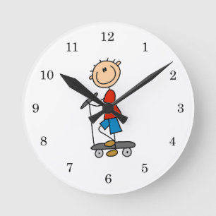 Stick Figure Boy on Scooter Round Clock