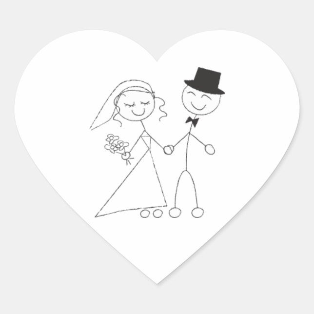 Stick Figure Bride & Groom Wedding Hearts Heart Sticker (Front)