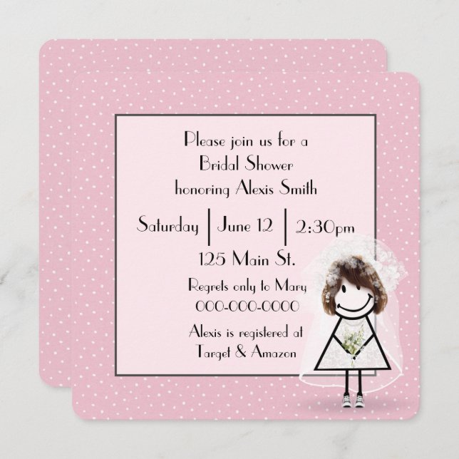 Stick Figure Bride On Pink Polka Dots  Invitation (Front/Back)