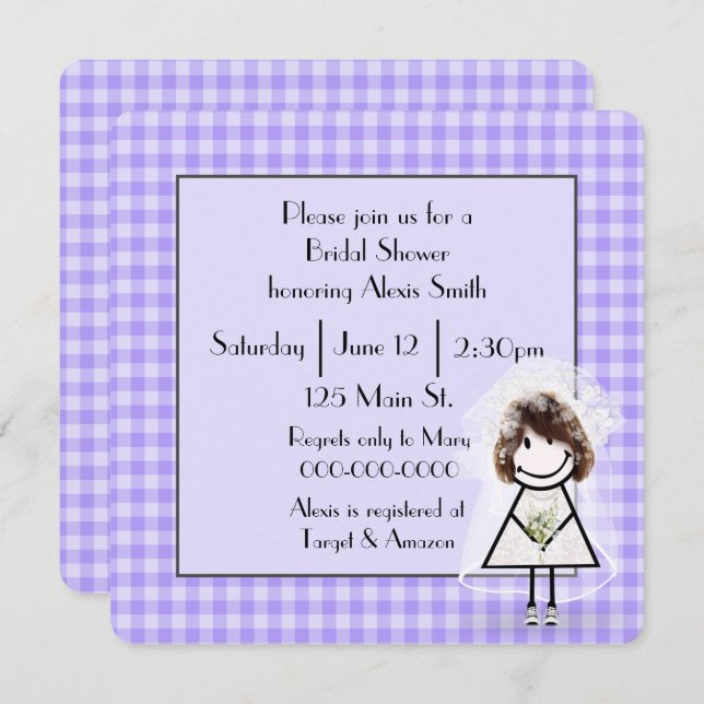 Stick Figure Bride On Purple Gingham Invitation (Front/Back)