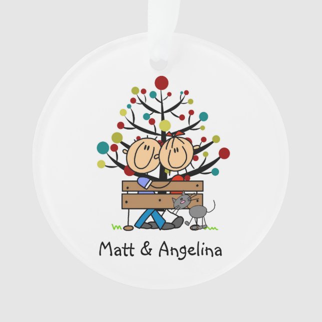 Stick Figure Couple and Cat Holiday Ornament (Front)