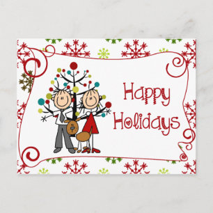 Stick Figure Couple Dog Happy Holidays Postcard