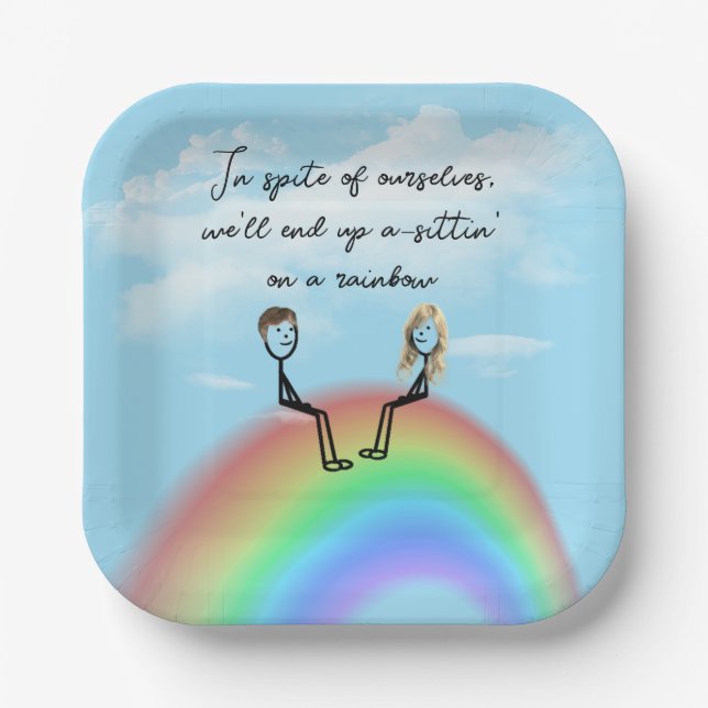 Stick Figure Couple On a Rainbow Paper Plate (Front)