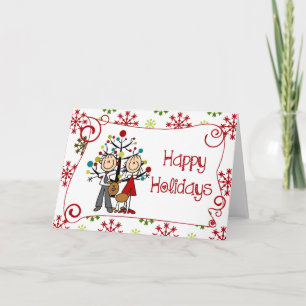 Stick Figure Couple With Dog Christmas Holiday Card