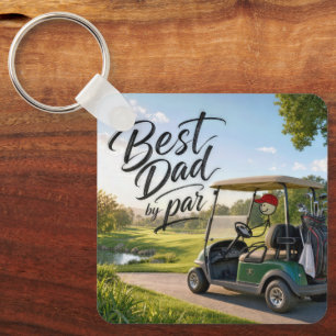 Stick Figure Dad Golfer in a Golf Cart Key Ring