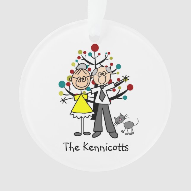 Stick Figure Elderly Couple, Cat Acrylic Ornament (Front)