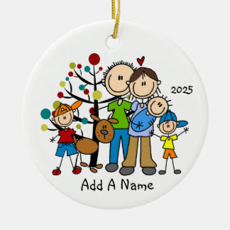 Stick Figure Family 3 Children and Dog Ceramic Tree Decoration
