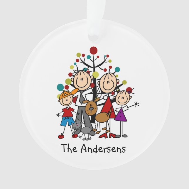 Stick Figure Family of 4, Cat Dog Acrylic Ornament (Front)