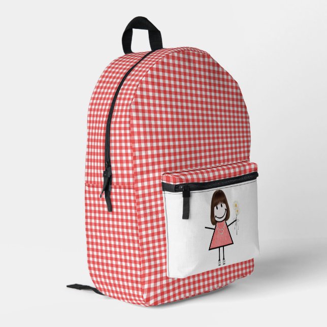 Stick Figure Girl And Gingham Printed Backpack (Back Corner Left)