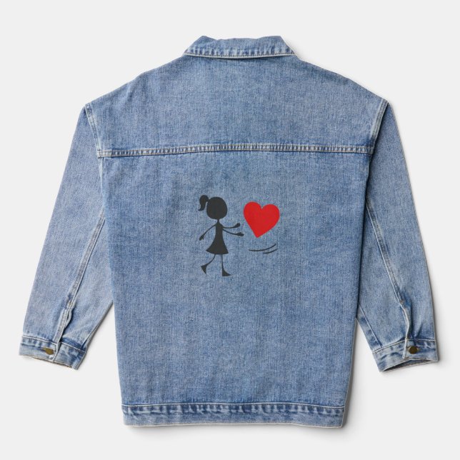 Stick Figure Girl Catching Heart Graphic Tee Denim Jacket (Back)