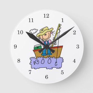 Stick Figure Girl Fishing Round Clock