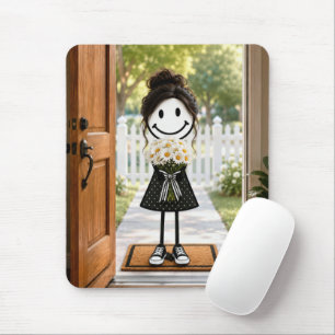 Stick Figure Girl Holding a Daisy Bouquet Mouse Pad