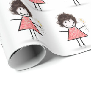 Stick Figure Girl in Sneakers on White Wrapping Paper