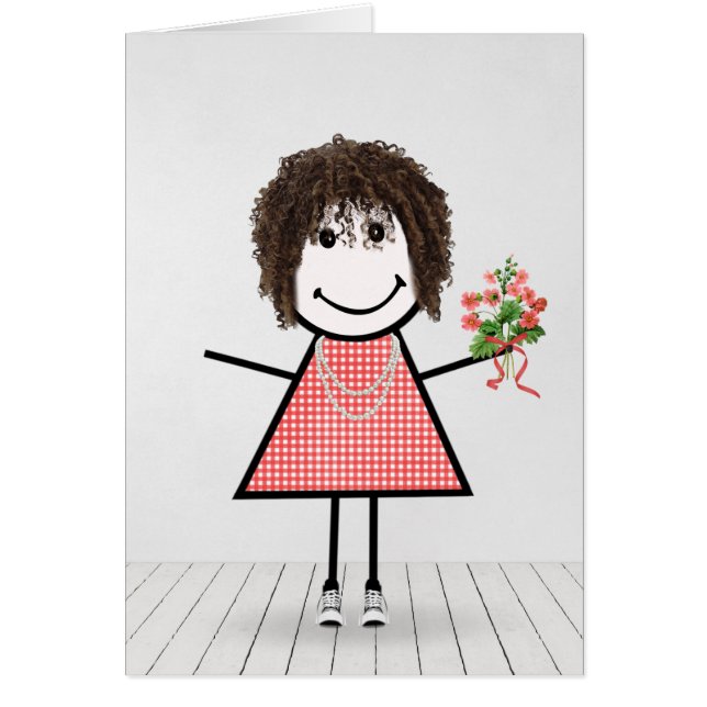 Stick Figure Girl with Birthday Bouquet (Front)