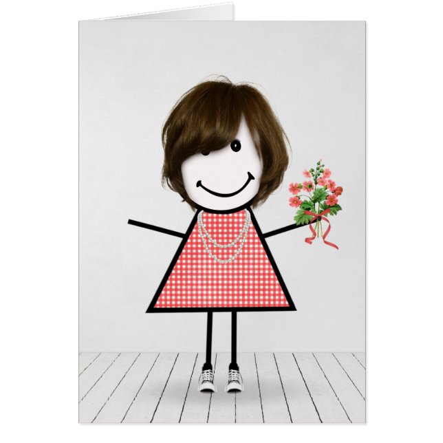 Stick Figure Girl with Birthday Bouquet (Front)