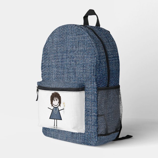 Stick Figure Girl With Daisies and Blue Denim Printed Backpack (Back Corner Right)