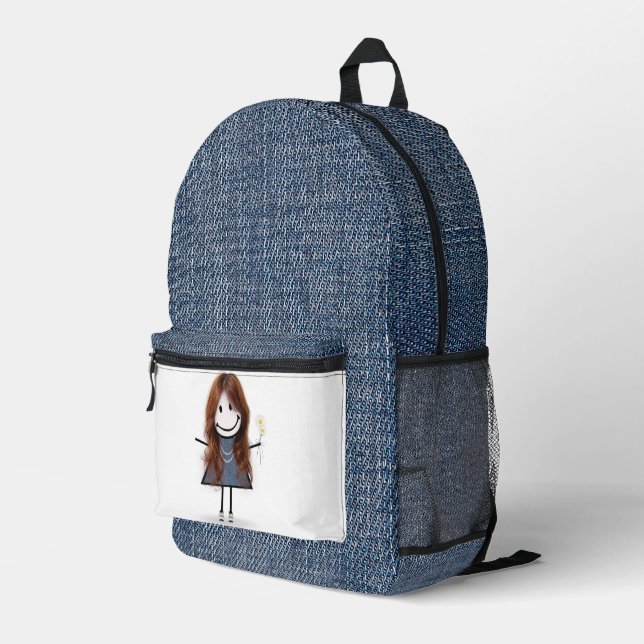 Stick Figure Girl With Daisies and Blue Denim Printed Backpack (Back Corner Right)