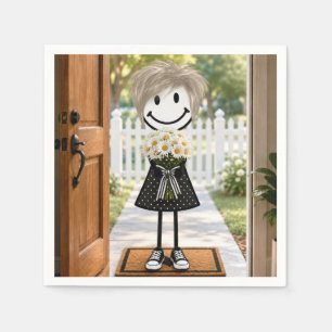 Stick Figure Girl with Daisy Bouquet Napkin