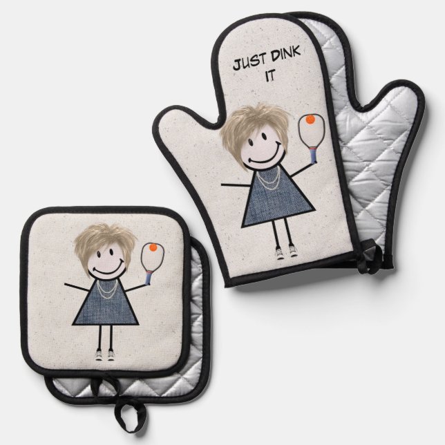 Stick Figure Girl With Pickleball Paddle Oven Mitt & Pot Holder Set (Front/Back)