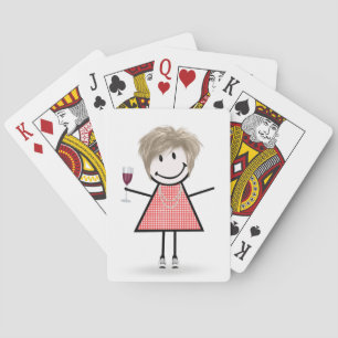 Stick Figure Girl with Wine Glass Playing Cards