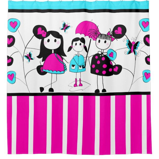 Stick Figure Girls April Showers Hearts Stripes Shower Curtain (Front)