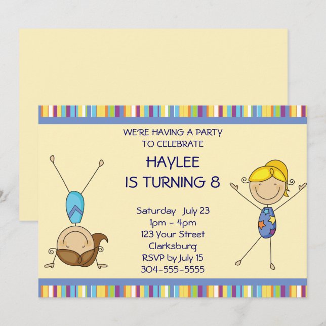 Stick Figure Girls Gymnastics Birthday Party Invitation (Front/Back)