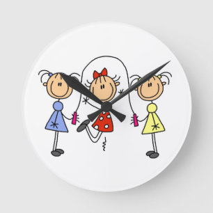 Stick Figure GIrls Jumping Rope Round Clock